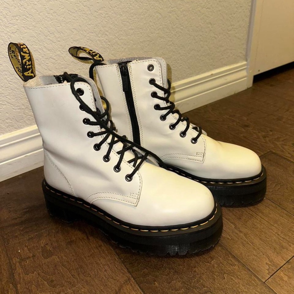 Dr. Martens White Combat Boots with Black Stitching